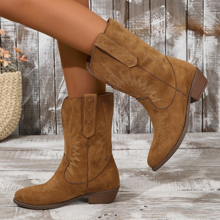 Bottines western en denim à bout pointu et talon épais en daim marron pour femme