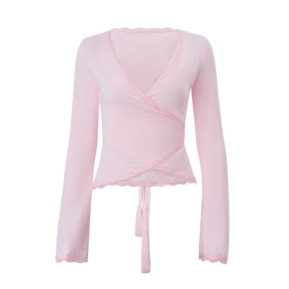 Haut à manches longues et col en V en dentelle fine, style européen et américain