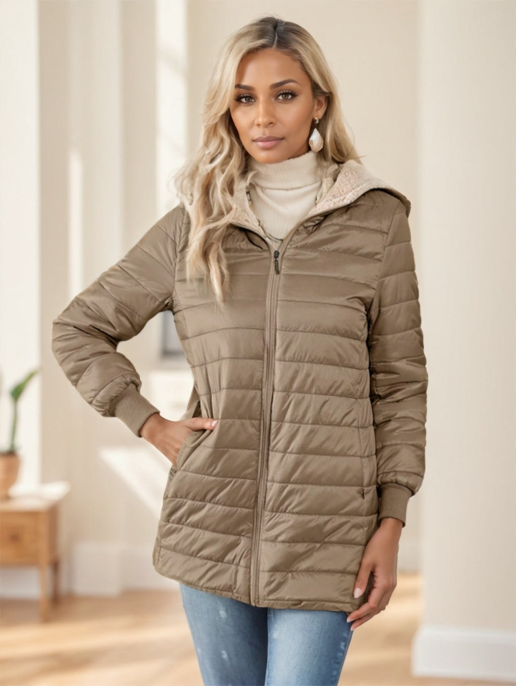 Manteau matelassé à capuche en polaire de couleur unie, style décontracté et polyvalent, Aveloria Modichic