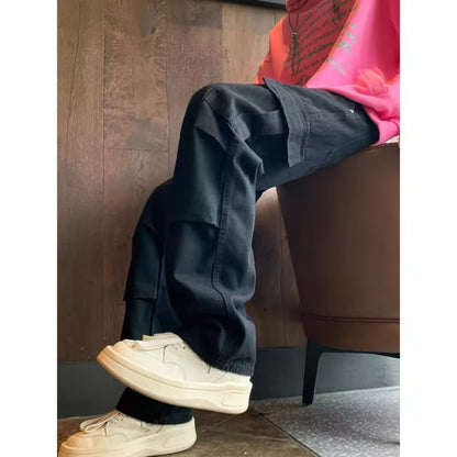 Pantalon en denim décontracté, ample, droit, délavé, style rétro