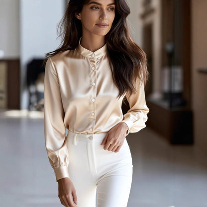 Autumn Solid Color Temperament Commuter Stand Collar Button Long Sleeve Shirt