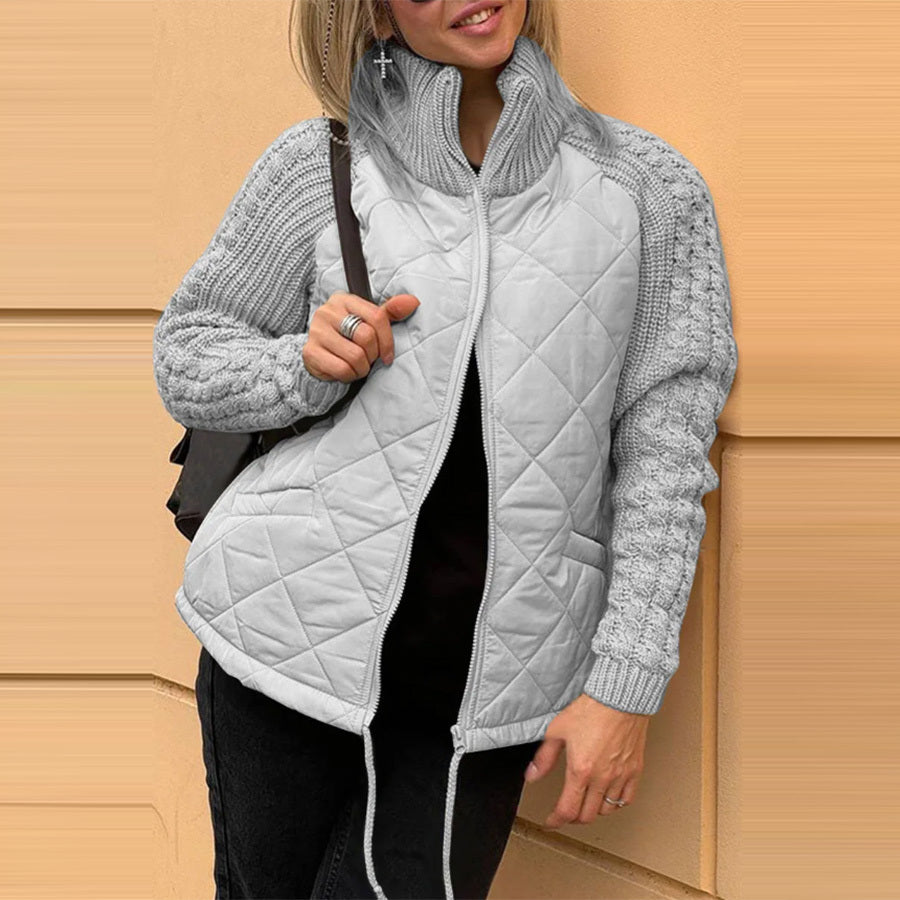 Veste en coton à col montant avec poches, manteau tendance en tricot avec fermeture éclair, hauts chauds d'hiver pour femmes