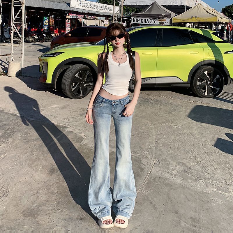 Pantalon taille basse style rétro américain à pattes d'éléphant, coupe slim, amincissant, extensible.