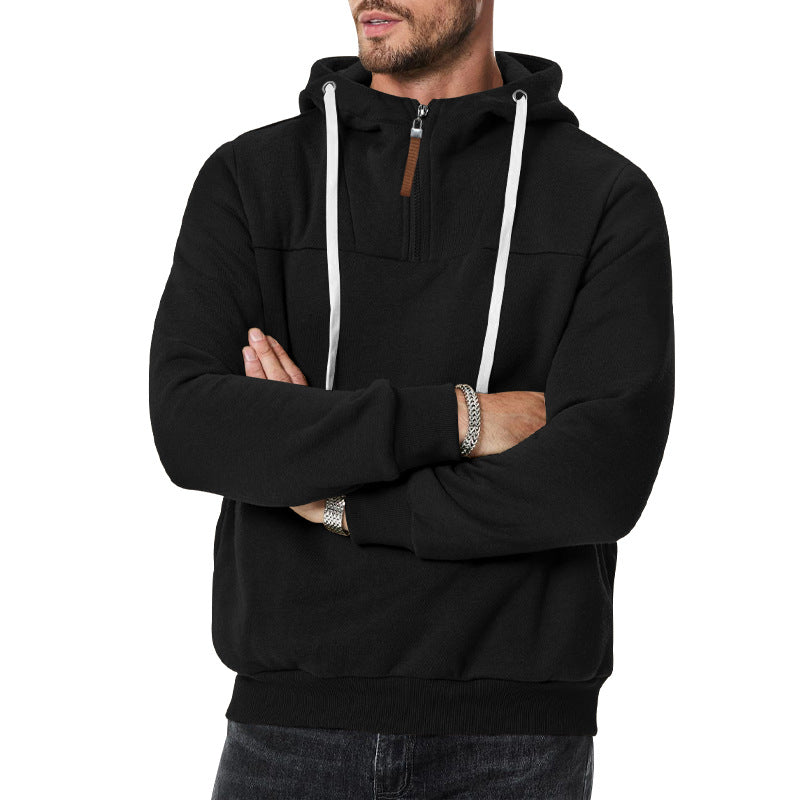 New Men's Heavy Fleece-lined Half-zip Sporty Casual Hooded Sweatshirt
