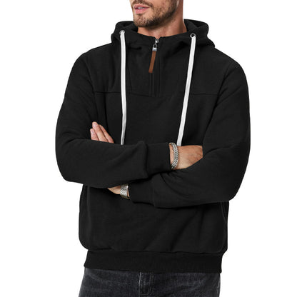 New Men's Heavy Fleece-lined Half-zip Sporty Casual Hooded Sweatshirt