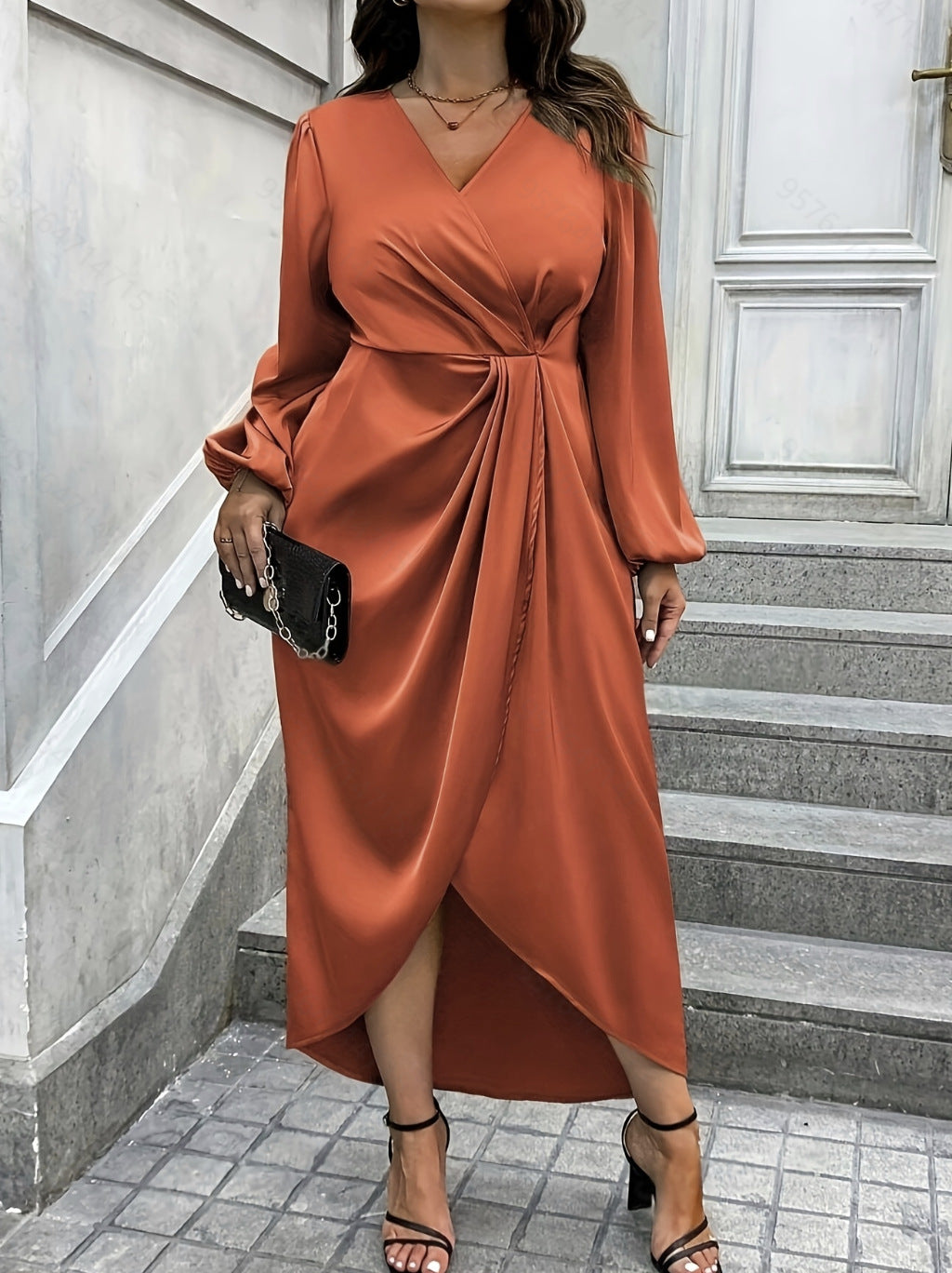 New Solid Color Long Sleeve V-neck Plus Size Women's Dress