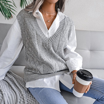 European And American Hollowed Out Twist V-neck Knitted Vest Sweater