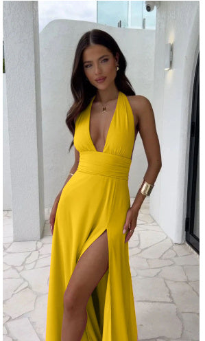 Robe sexy dos nu à col en V et fente pour l'été, à bretelles dos nu vêtements tendance pour femmes