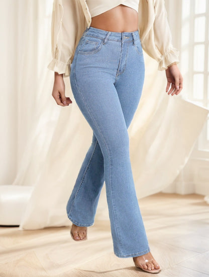 Pantalon long en denim décontracté pour femme avec poche boutonnée sur le devant, design simple