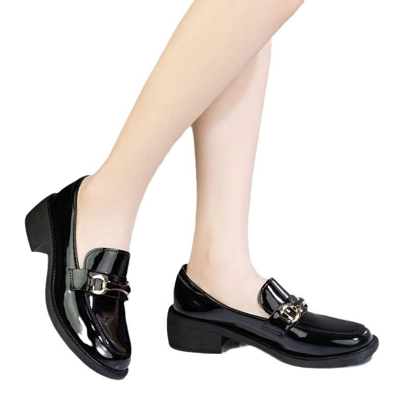 Dark Green Glossy Chunky Heel Metal Buckle Loafers For Women