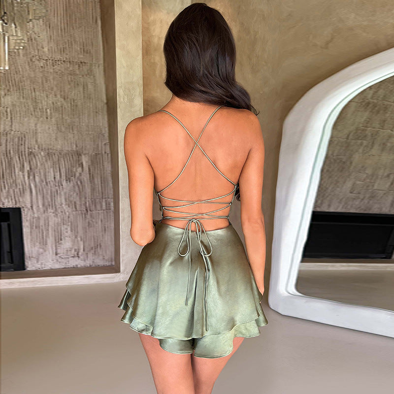 Robe trapèze dos nu en satin, col licou, bretelles, style célébrité, sexy, élégante, courte, vêtements pour femmes