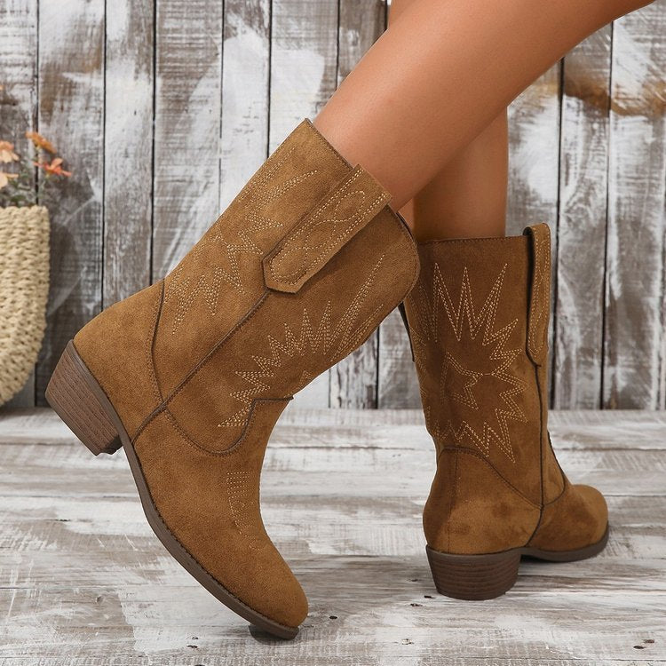 Bottines western en denim à bout pointu et talon épais en daim marron pour femme