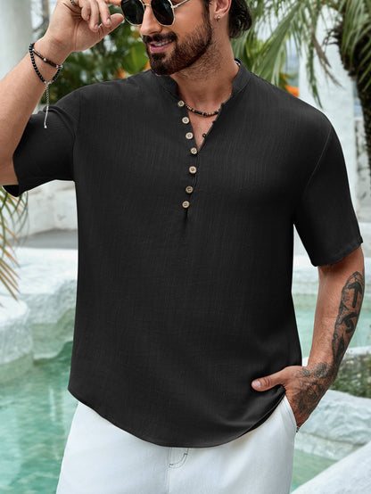 Chemise d'été décontractée à manches courtes et col en V  pour homme, en coton et lin, à boutons multiples