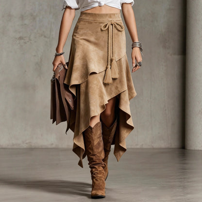 Irregularly Tied Cord Tassel Suede Skirt