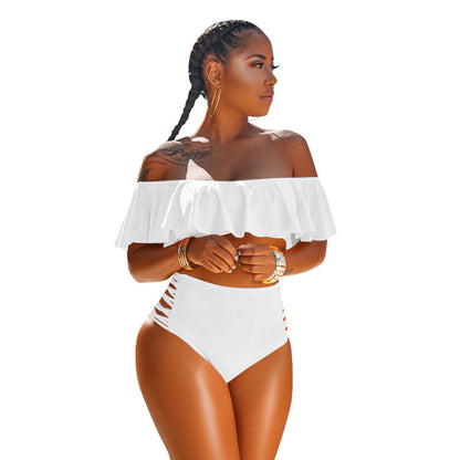 European And American Solid Color Swimsuit One-shoulder High-waist Shorts  Two-piece Set