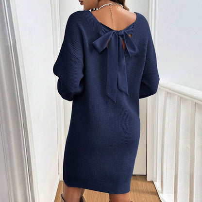 Loose Knitted V-neck Bow Long Sleeve All-matching Pullover Woolen Skirt