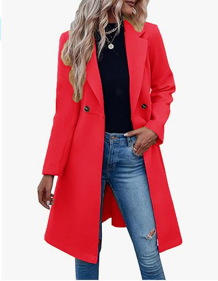 Manteau long en laine à double boutonnage et lacets pour femme