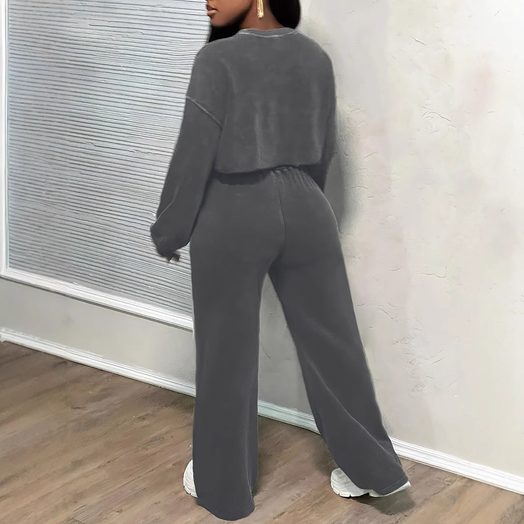 Womens Solid-Color Loose Wide-Leg Pants And Long-Sleeve Top Set