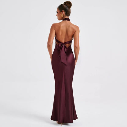 Robe élégante sans manches dos nu à la mode estivale tissu satinde couleur unie,  simplement magique robe longue.