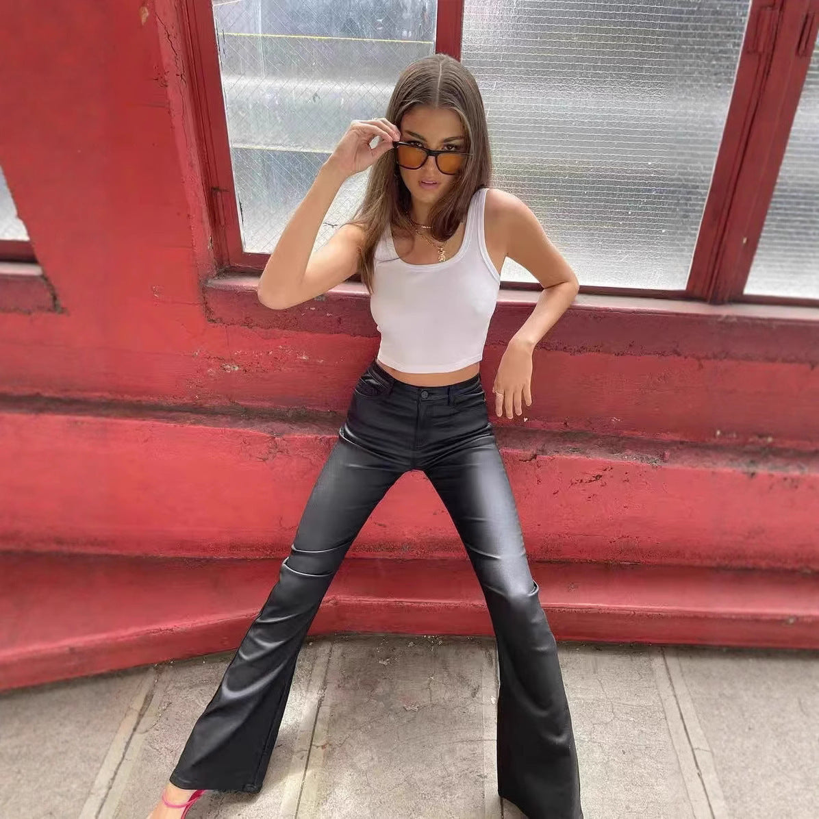 High Waist PU Leather American Hot Girl Tall Mopping Horseshoe Pants