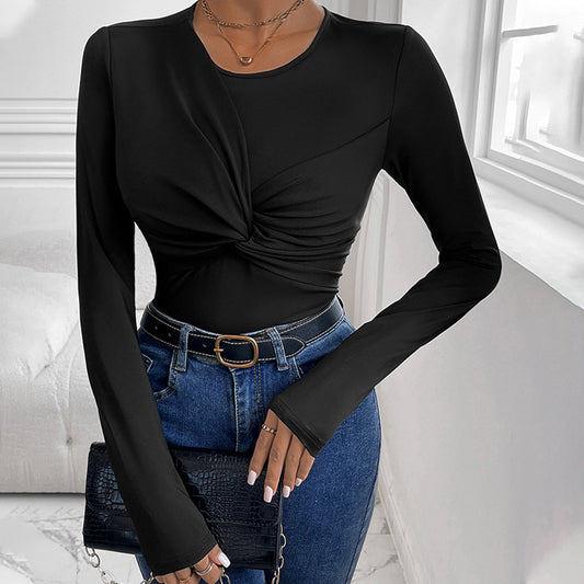 Womens Solid Color Minimalism Black Twist-Collar Bodysuit