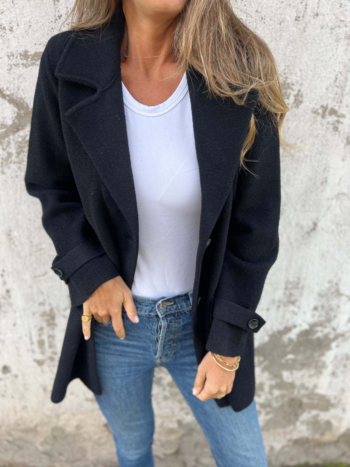 Manteau en laine pour femme, décontracté, ample, revers, fausse poche, cardigan, pardessus en laine