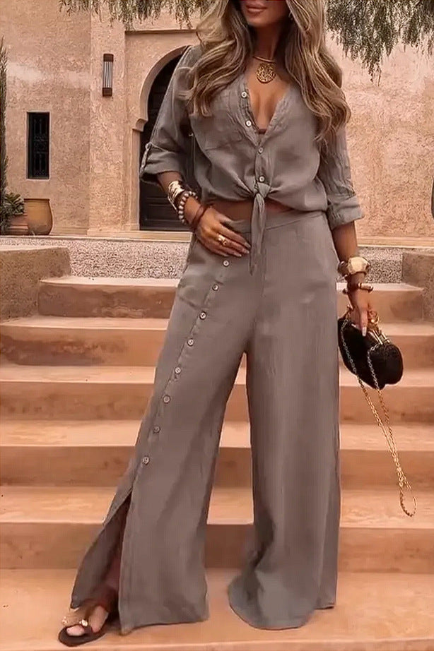 Ensemble cardigan à col à revers pour femme – style élégant avec boutons fendus et couleur unie