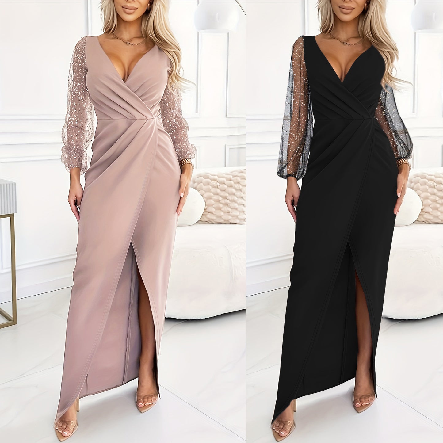 Sequined V-neck Hip Sexy Mesh Dress