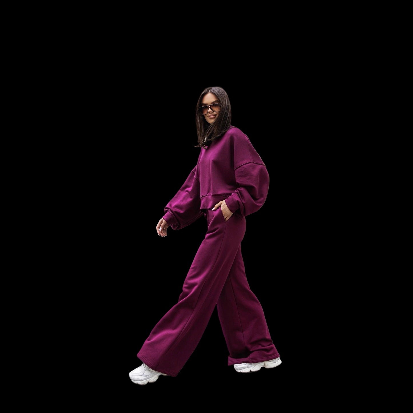 Autumn And Winter Round Neck Long Sleeve Wide Leg Pants Two-piece Set