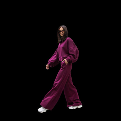 Autumn And Winter Round Neck Long Sleeve Wide Leg Pants Two-piece Set