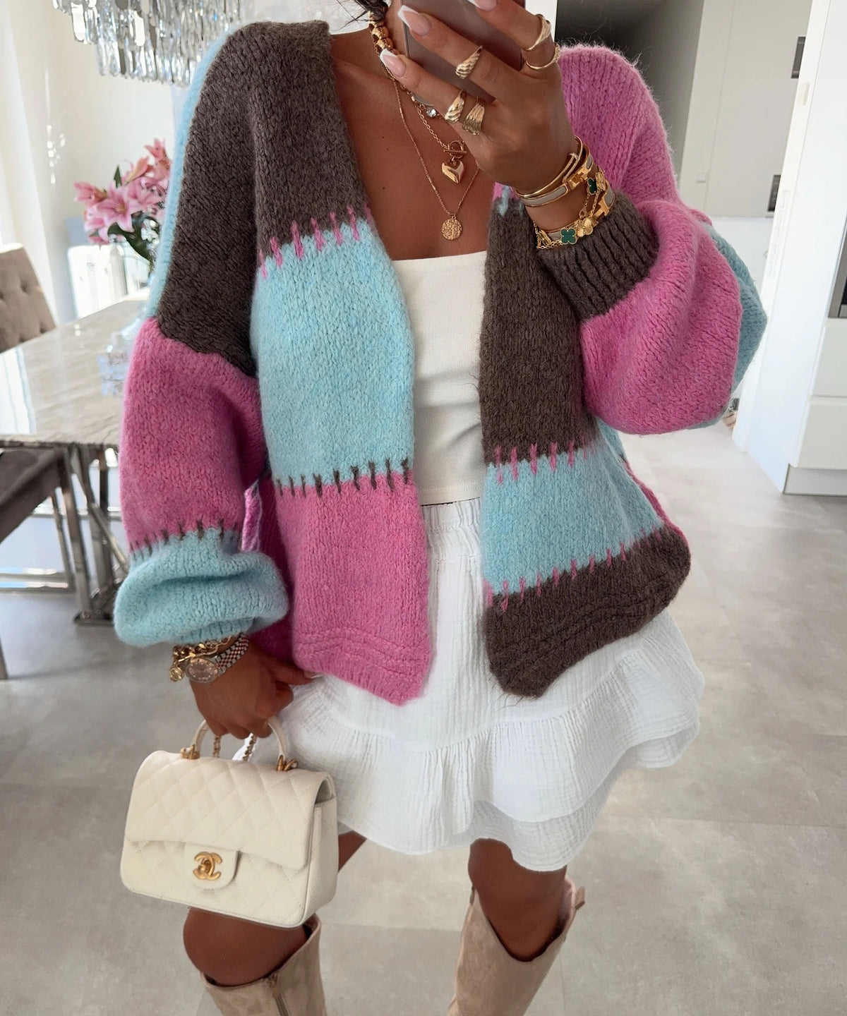 New Colorful Plaid Patchwork Contrast-color Knit Sweater Jacket With Gold Thread