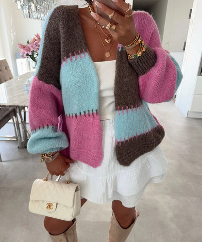 New Colorful Plaid Patchwork Contrast-color Knit Sweater Jacket With Gold Thread