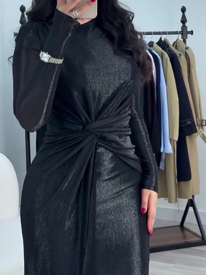 Metallic Maxi Dress With Twist Front Detail And Long Sleeves