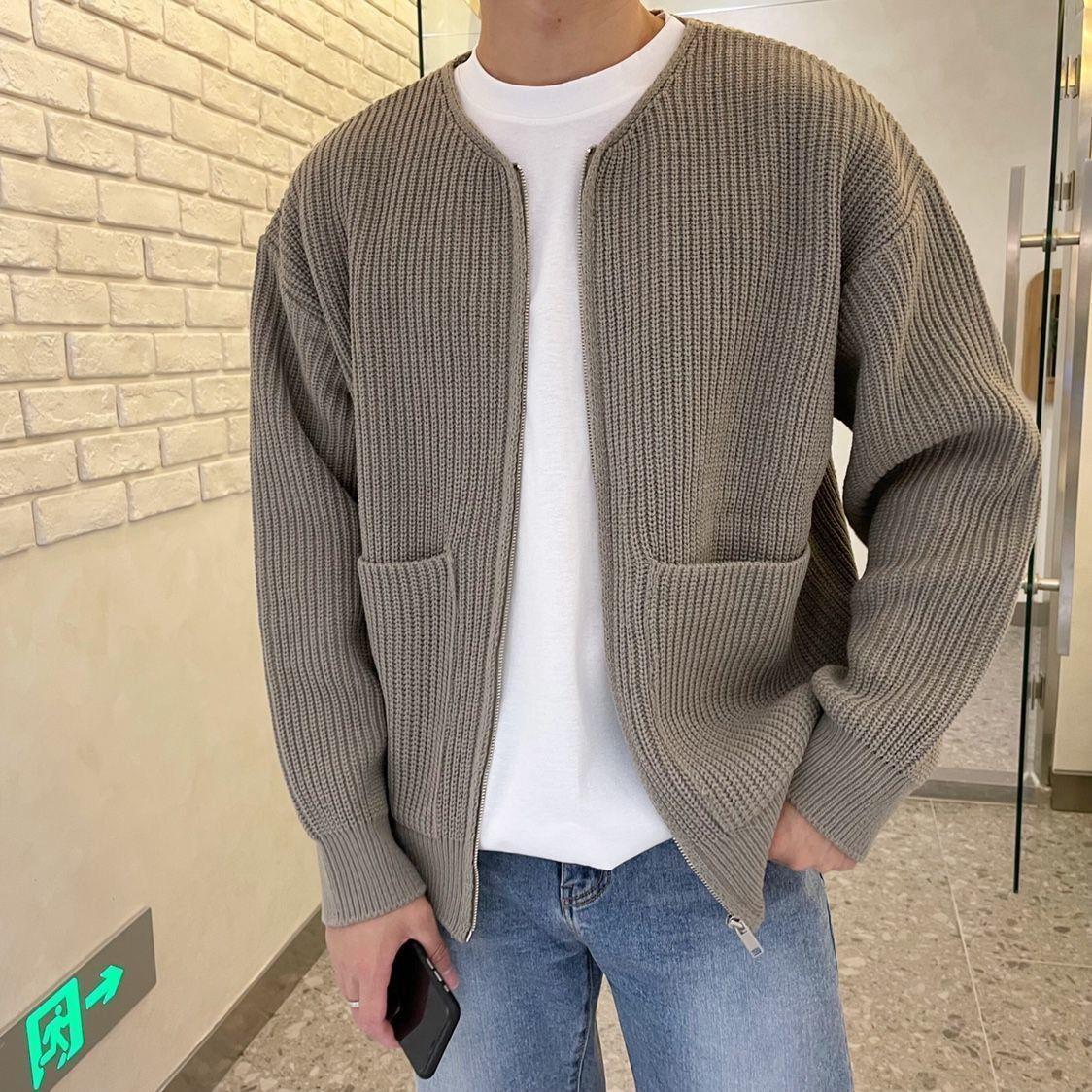 Cardigan tricoté zippé pour homme, doublé, col cheminée, pull, poches, manteau, toutes saisons, confortable, doux, manches longues