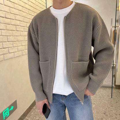 Cardigan tricoté zippé pour homme, doublé, col cheminée, pull, poches, manteau, toutes saisons, confortable, doux, manches longues