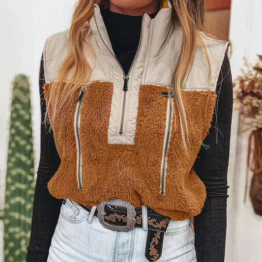Women's Casual Stand Collar Stitching Wool Vest