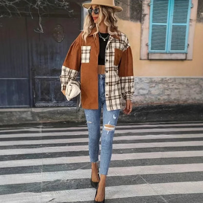 Veste vintage grande taille, veste à carreaux, chemise à revers à manches longues