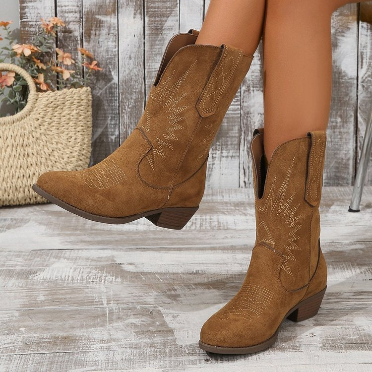 Bottines western en denim à bout pointu et talon épais en daim marron pour femme