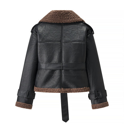 Autumn And Winter Short Flared Fur-Lined Coat With Collar