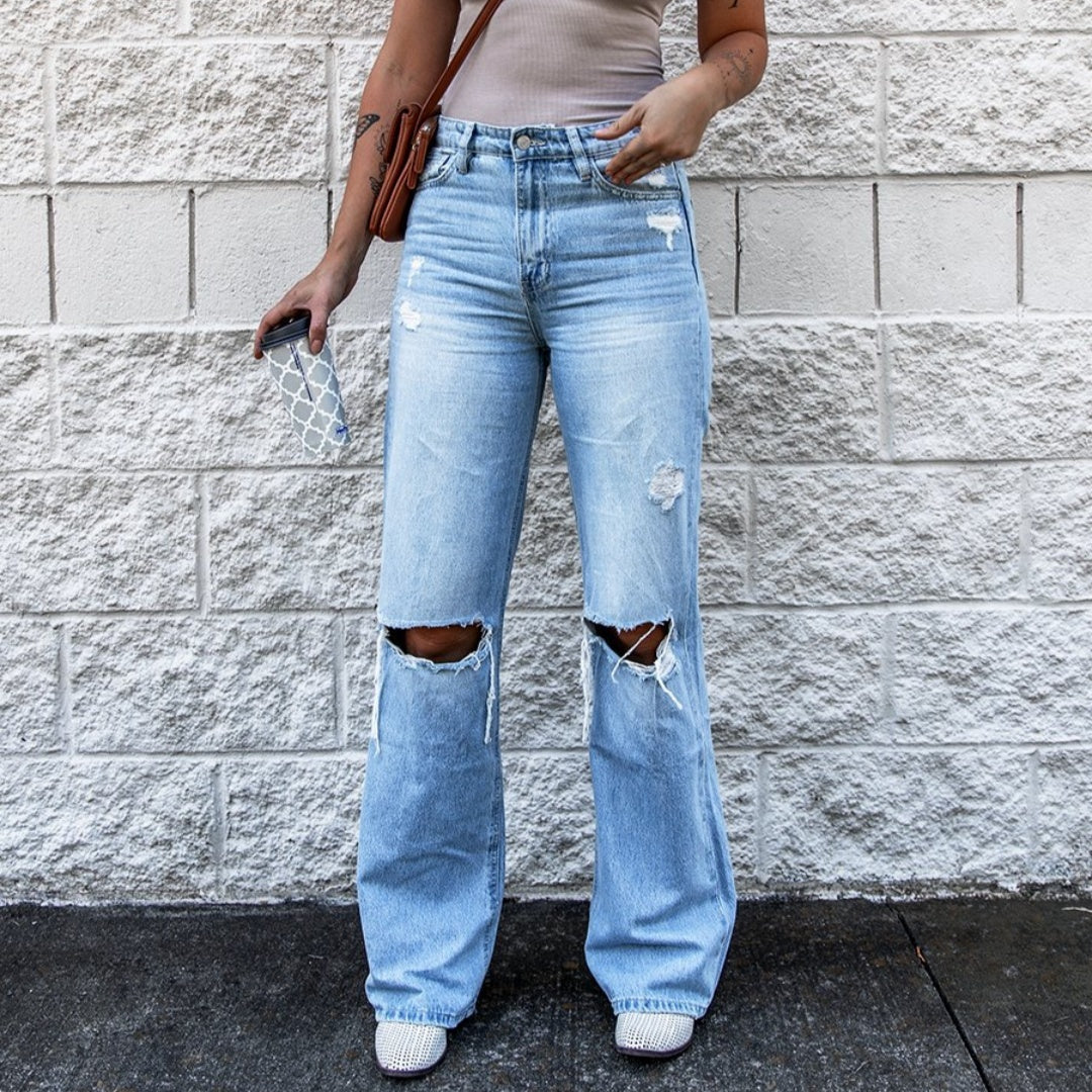 Pantalon en denim taille haute déchiré pour femme, coupe slim rétro, coupe bootcut