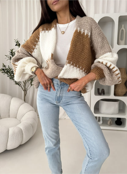 New Colorful Plaid Patchwork Contrast-color Knit Sweater Jacket With Gold Thread