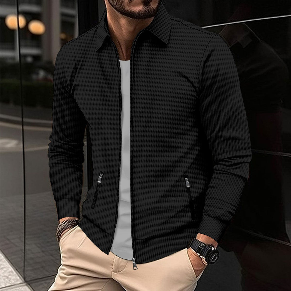 Cardigan gaufré à revers et poches zippées pour homme, coupe ajustée, printemps et automne