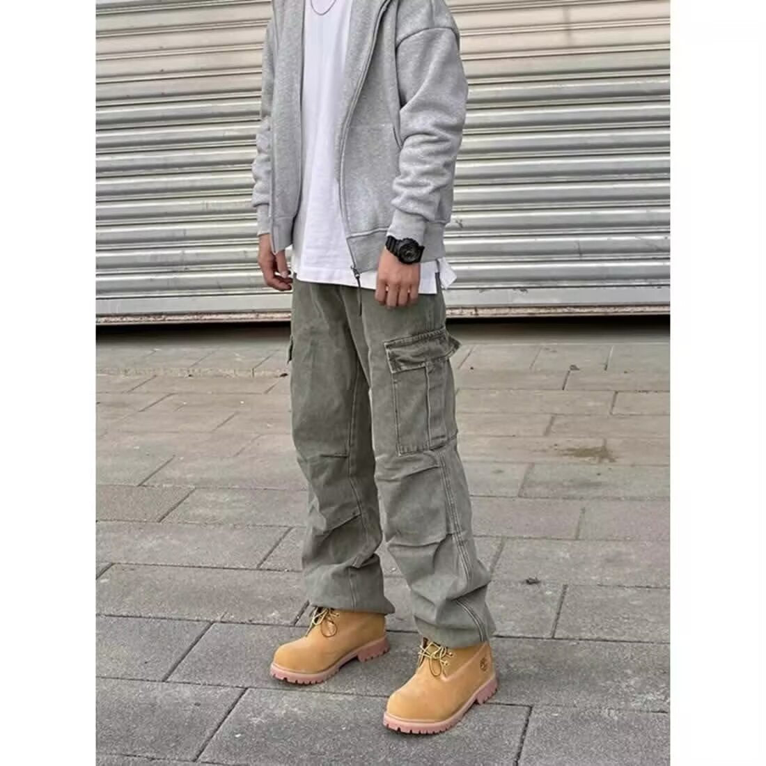 Pantalon en denim décontracté, ample, droit, délavé, style rétro