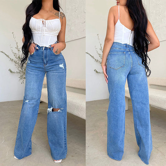 Pantalon décontracté effiloché à trous tendance