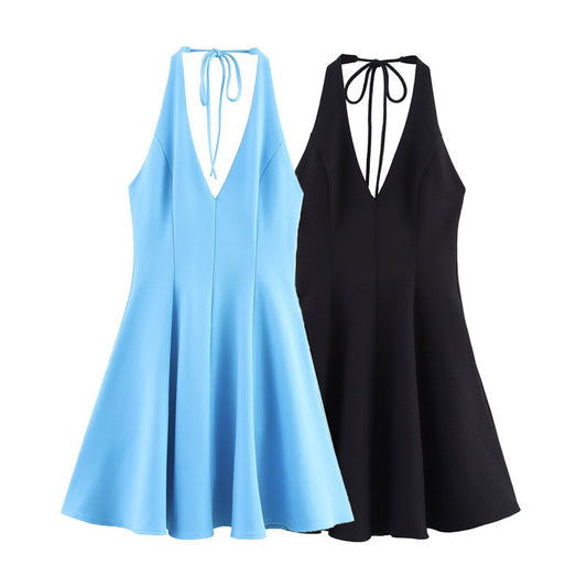 European And American Style Backless Wavy Style Wide Swing Halter Dress