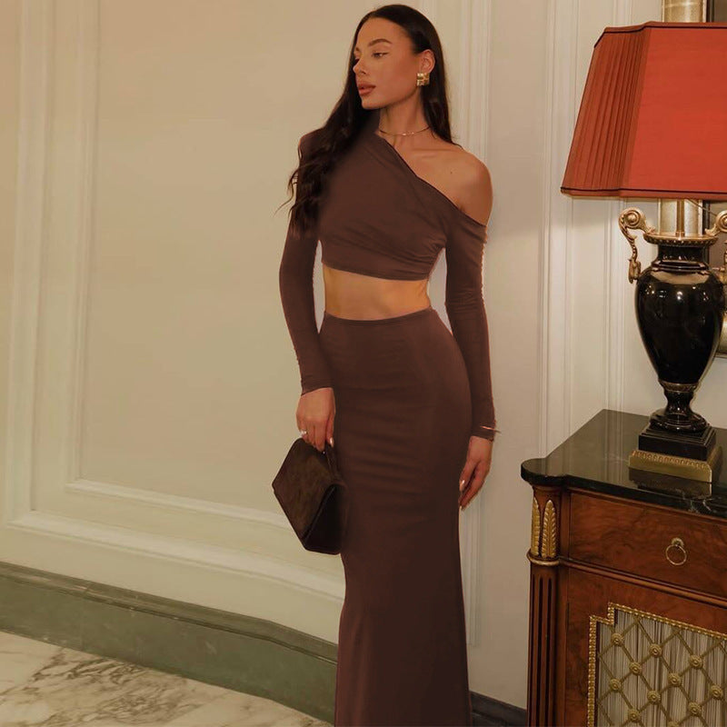 Women's Fashion Shoulder-baring Long-sleeved Top Slim Skirt Suit