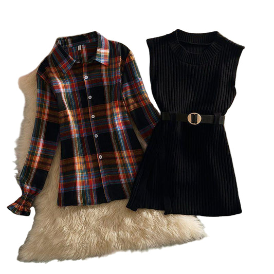 Women's Polo Collar Shirt Sweater Two-piece Set