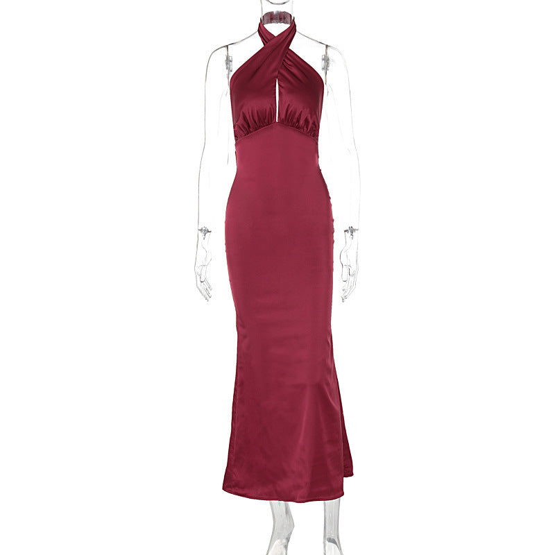 Robe élégante sans manches dos nu à la mode estivale tissu satinde couleur unie,  simplement magique robe longue.
