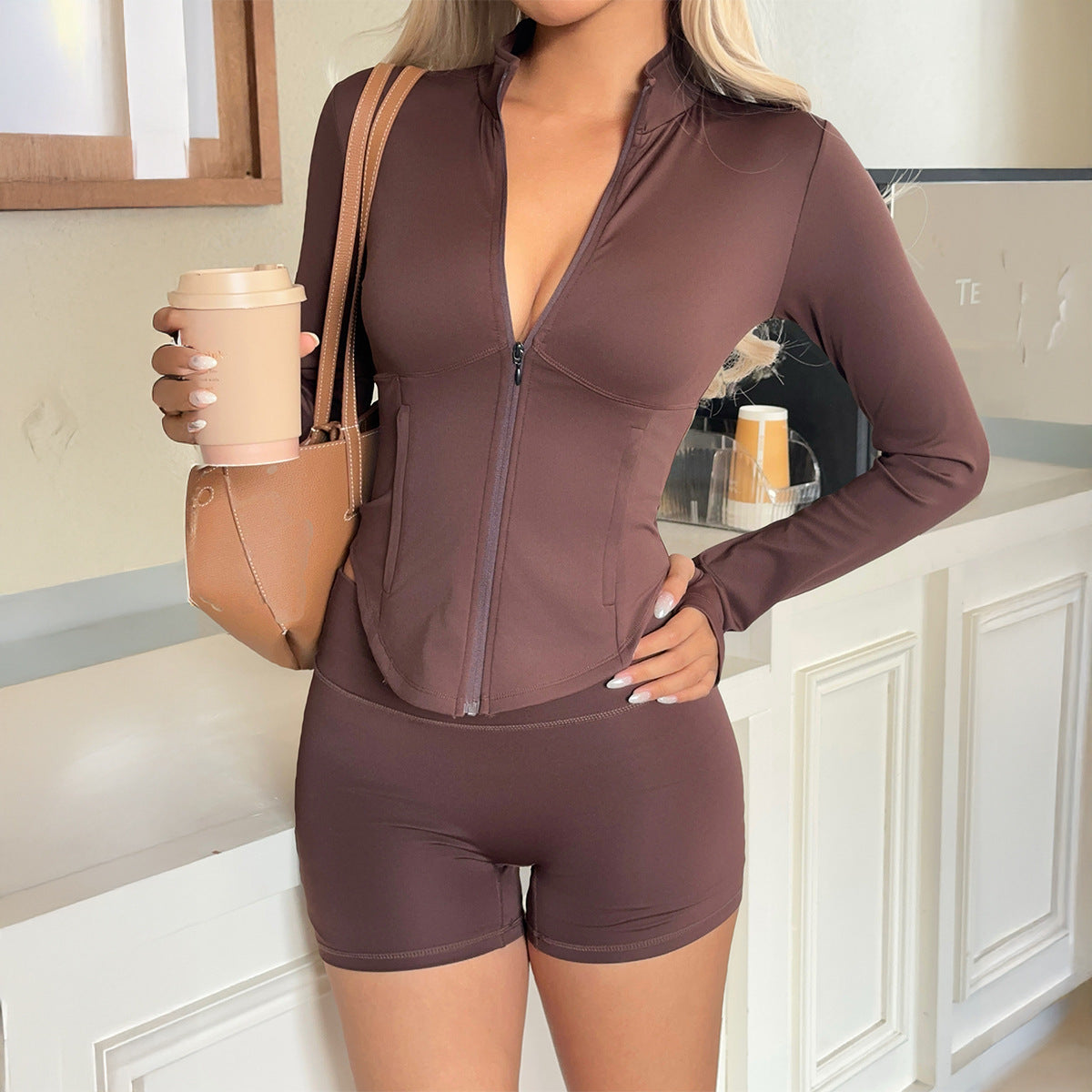 Yoga Long-sleeve Workout Jacket And Shorts Set