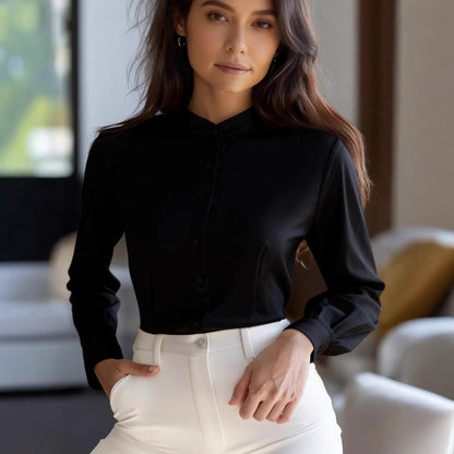 Autumn Solid Color Temperament Commuter Stand Collar Button Long Sleeve Shirt